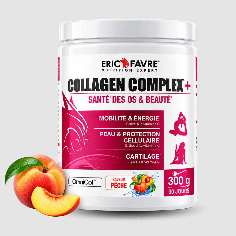 Achetez Eric Favre Collagen Complex 300g goût pêche au Maroc. Collagène enrichi en vitamine C. Disponible chez Nutritech Maroc.